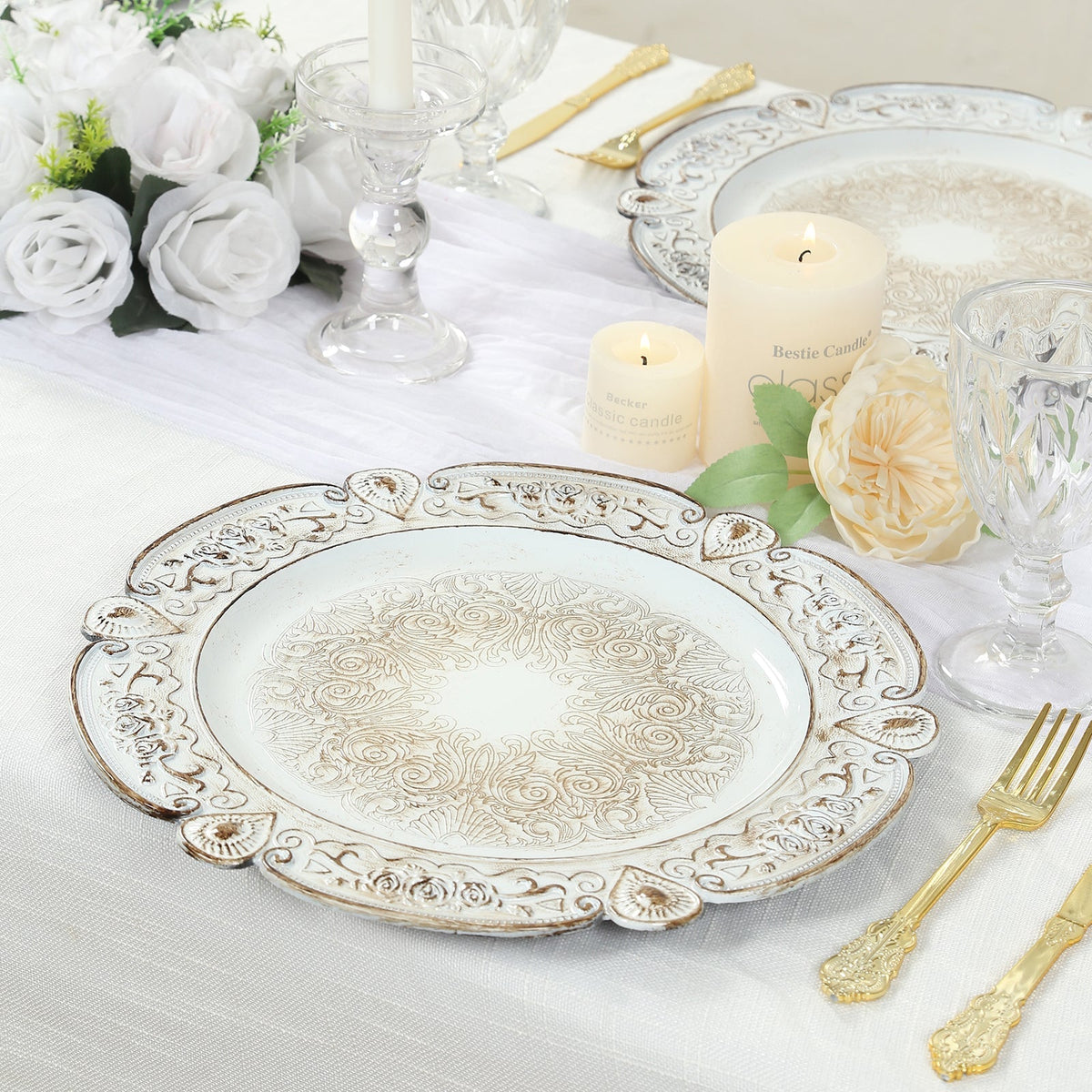 6-Pack Acrylic Round Charger Plates 13" in Antique White Floral Embossed with Scalloped Rim, Plastic Decorative Charger Tableware