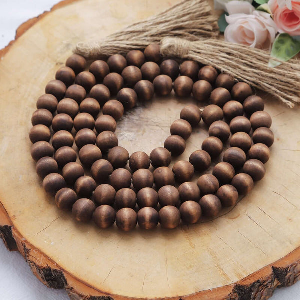 55" Brown Rustic Boho Chic Wood Bead Garland With Tassels, Farmhouse Country Wood Bead Chain