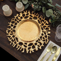 6-Pack Acrylic Round Charger Plates 13" in Gold with Molten Branch Design, Plastic Hollow Lace Decorative Dinner Party Charger Tableware