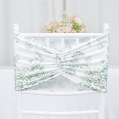 5 Pack Wide Spandex Chair Sashes in White Dusty Sage Green French Toile – Stylish Ruffled Chair Bands - 8"x13"